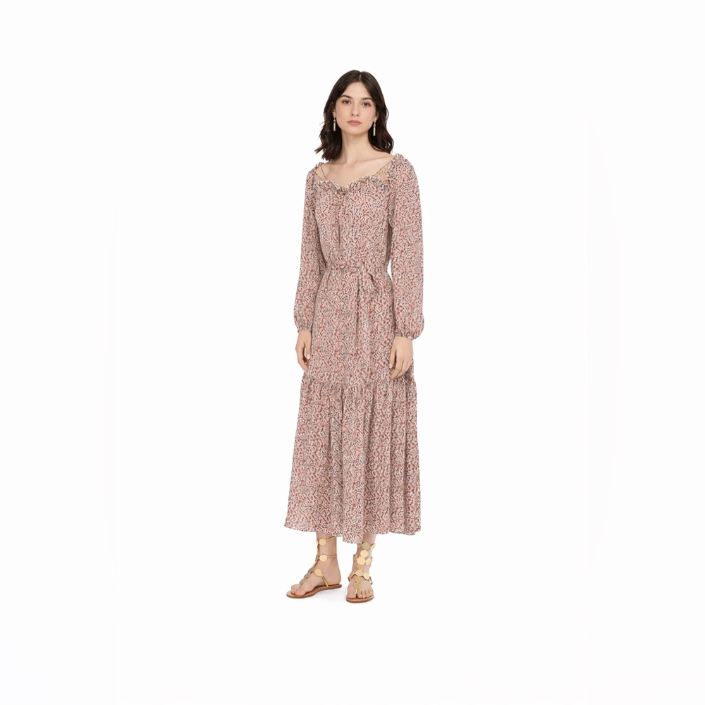 Tory Burch Silk Floral Maxi Long Sleeve Smocked Tie Waist Prairie Midi Dress